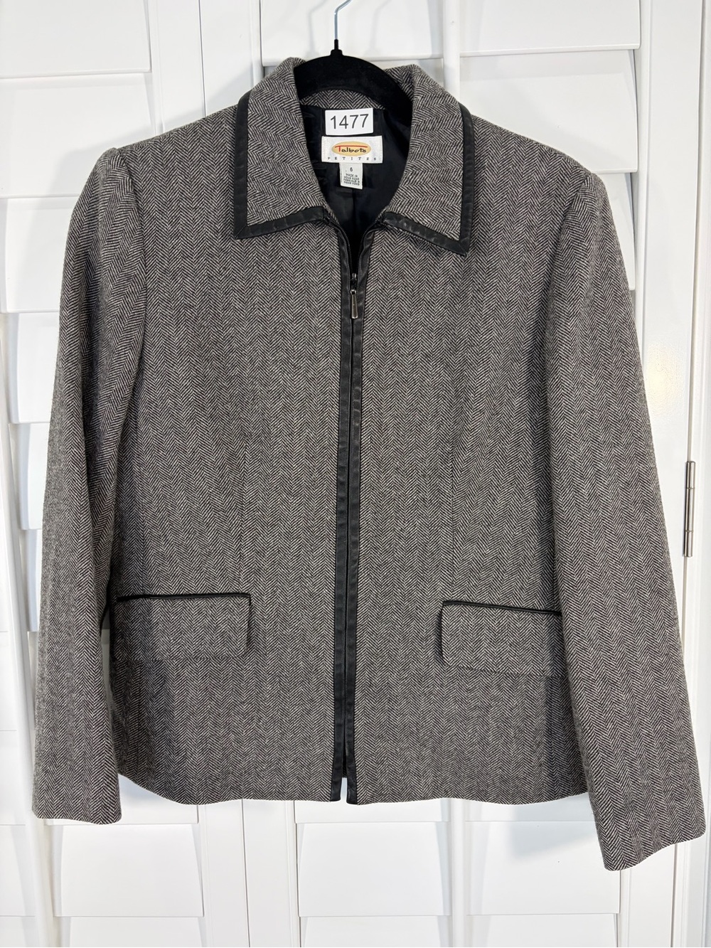 Talbots 100% Wool Gray Herringbone Zip-Front Blazer Jacket (6P)